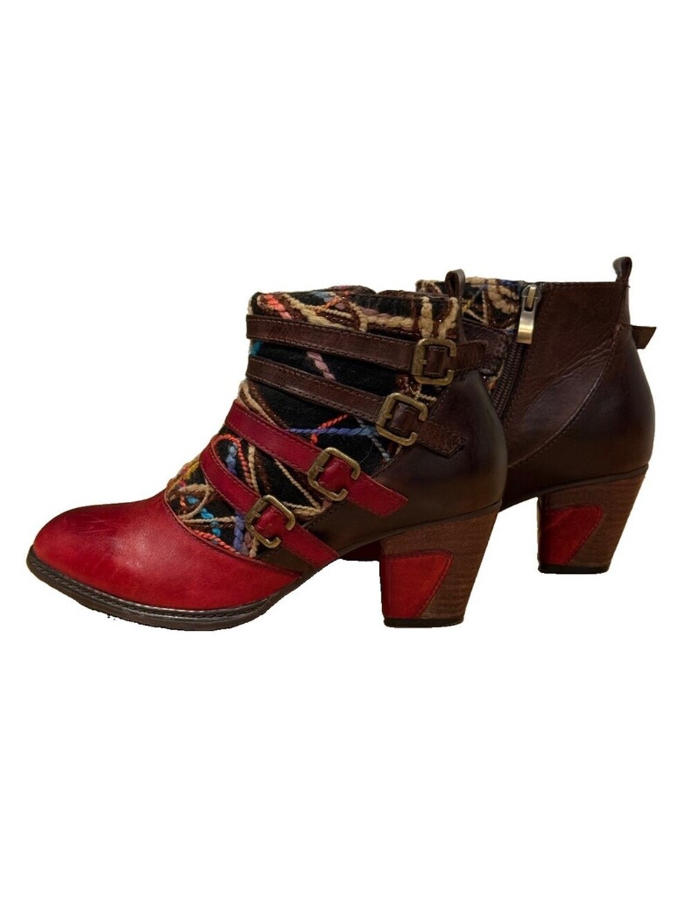 L'Artiste Women’s Leather Ankle Bootie Buckle Zip Red/Brown Multi US 8.5